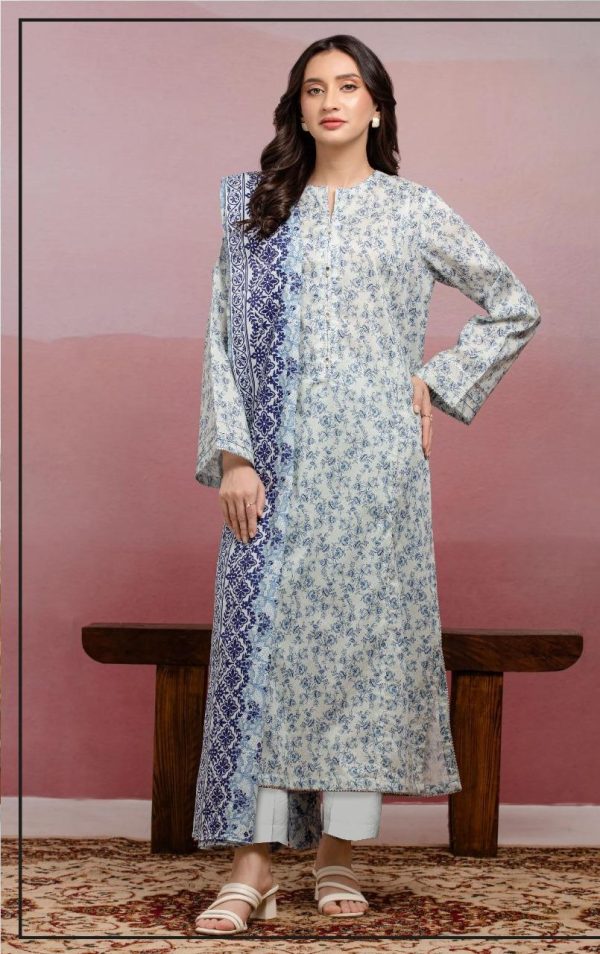 Unstitched Grey & Blue Printed Lawn 3 Piece